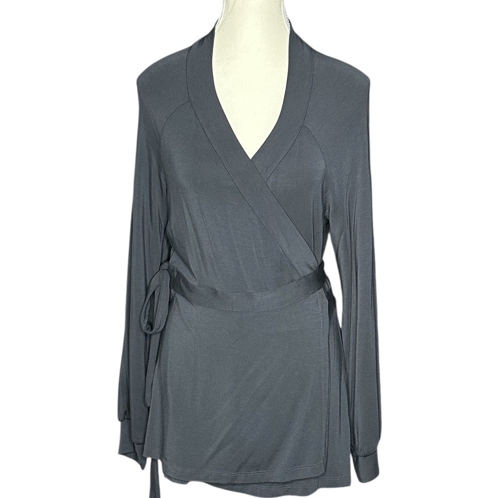 Tart Collections Blue Gray Modal Wrap Top Long Sleeve V-Neck Tie Waist Size L